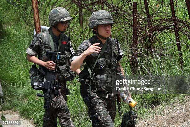 South Korean army soldiers patrol at Imjingak Pavilion near the demilitarized zone on June 12, 2018 in Paju, South Korea. U.S. President Trump and...