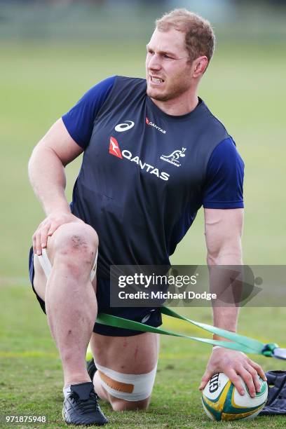 David Pocock of the Wallabies stretches during an Australian Wallabies training saession on June 12, 2018 in Melbourne, Australia.