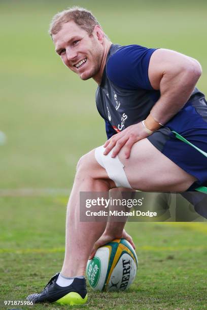 David Pocock of the Wallabies stretches during an Australian Wallabies training saession on June 12, 2018 in Melbourne, Australia.