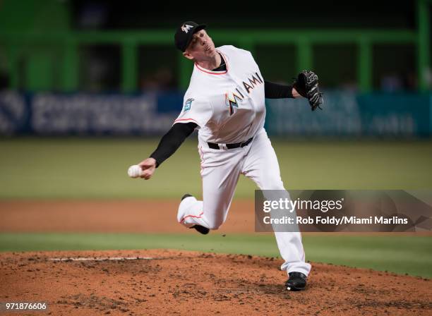 Brad Ziegler of the Miami Marlins pitches during the fifth inning of the game against the San Francisco Giants at Marlins Park on June 11, 2018 in...