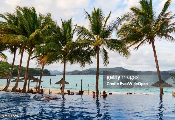 Infinity pool with palm trees at the One&Only Resort Hayman Island on November 20, 2015 in Whitsunday Islands, Australia.