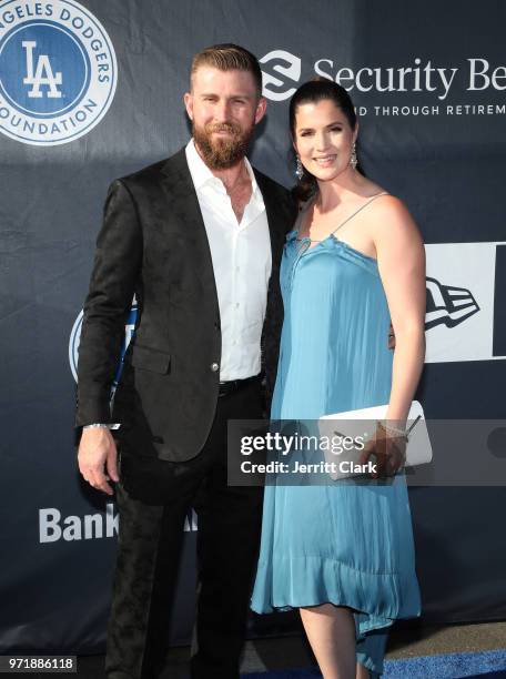 Josh Fields and Brittney Harrison attend the 4th Annual Los Angeles Dodgers Foundation Blue Diamond Gala at Dodger Stadium on June 11, 2018 in Los...