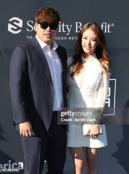 Hyun-jin Ryu and Bae Ji-Hyun attend the 4th Annual Los Angeles Dodgers Foundation Blue Diamond Gala at Dodger Stadium on June 11, 2018 in Los...