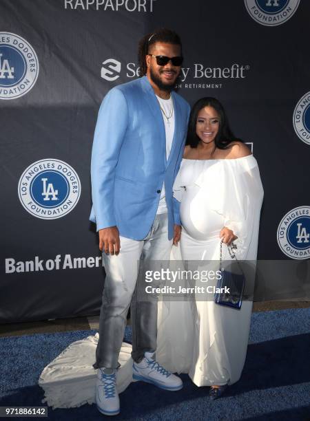 Kenley Jansen and Gianni Jansen attend the 4th Annual Los Angeles Dodgers Foundation Blue Diamond Gala at Dodger Stadium on June 11, 2018 in Los...