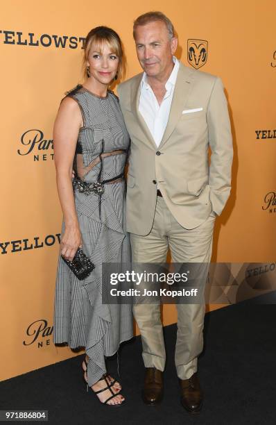 Kevin Costner and Christine Baumgartner attend the premiere of Paramount Pictures' "Yellowstone" at Paramount Studios on June 11, 2018 in Hollywood,...