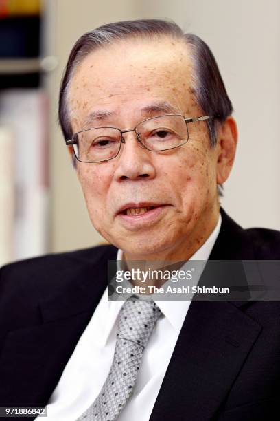 Former Japanese Prime Minister Yasuo Fukuda speaks during the Asahi Shimbun interview on May 21, 2018 in Tokyo, Japan.