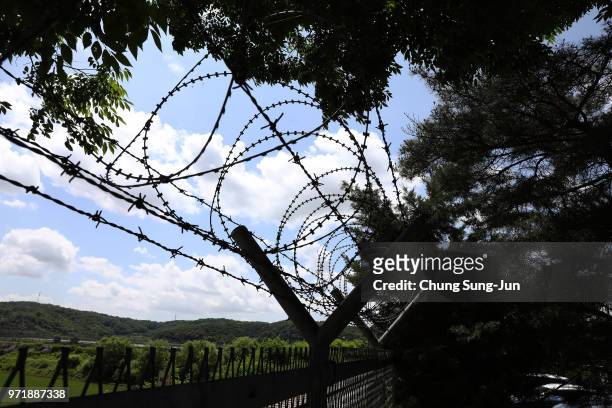 Barbed wire fence at the Imjingak, near the Demilitarized zone separating South and North Korea on June 12, 2018 in Singapore. U.S. President Trump...