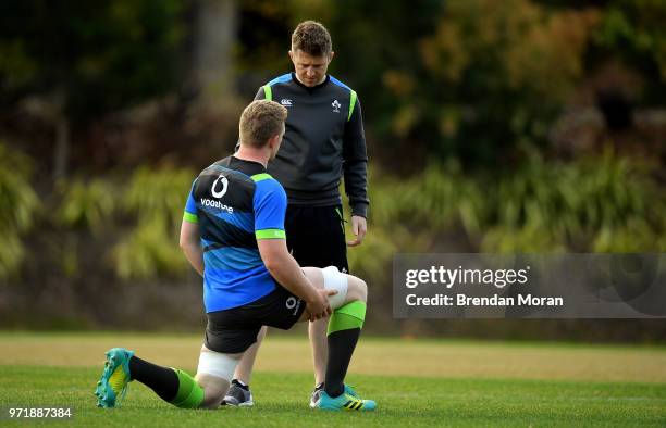 Melbourne , Australia - 12 June 2018; Dan Leavy with team physio Colm Fuller during Ireland rugby squad training at St Kevin's College in Melbourne,...