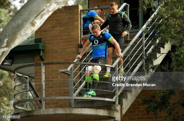 Melbourne , Australia - 12 June 2018; Dan Leavy, left, and Andrew Conway arrive for Ireland rugby squad training at St Kevin's College in Melbourne,...