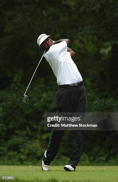 Vijay Singh of Fiji hits off the seventh tee during the third round of the Advil Western Open July 6, 2002 at Cog Hill Golf and Country Club in...