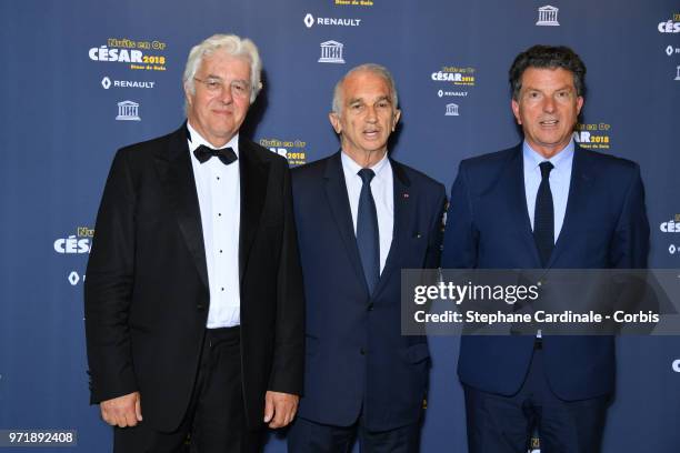 Guest, Alain Terzian, CEO of Audiens Patrick Bezier attend the 'Les Nuits En Or 2018' dinner gala at UNESCO on June 11, 2018 in Paris, France.