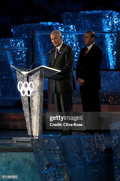 Vanoc CEO John Furlong speaks as IOC President Jacques Rogge looks on during the Closing Ceremony of the Vancouver 2010 Winter Olympics at BC Place...