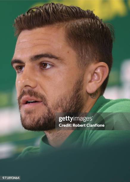 Josh Risdon of Australia speaks to the media during an Australia Socceroos media opportunity at Stadium Trudovye Rezervy on June 12, 2018 in Kazan,...