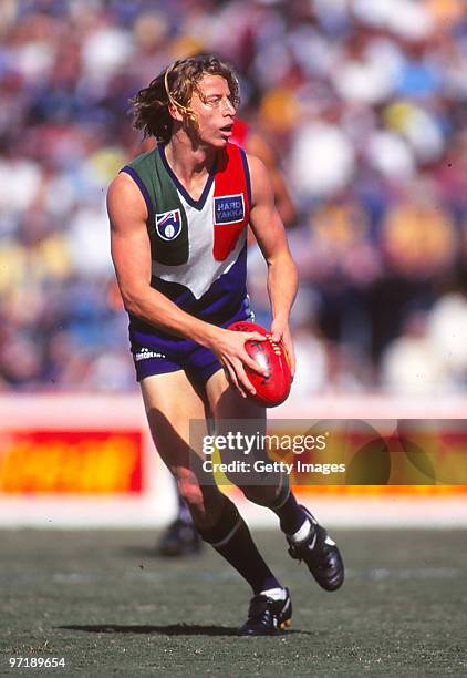 Shaun McManus of the Fremantle Dockers in action in Melbourne, Australia.