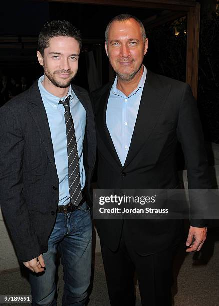 Actor Topher Grace and VP and Publisher of Vanity Fair Edward Menicheschi arrive at the FEED Foundation/Hungry In America project benefit hosted by...