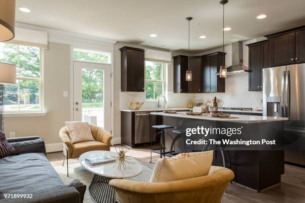 Living area and Kitchen in the Annapolis model home at Mateny Hill on June 1, 2018 in Germntown Maryland.