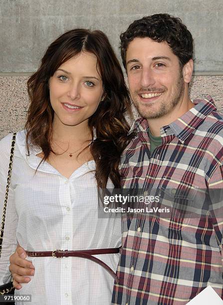 Actor Jason Biggs and wife Jenny Mollen attend the 1st annual Milk + Bookies Story Time Celebration at Skirball Cultural Center on February 28, 2010...