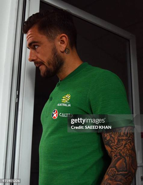 Australia's defender Joshua Risdon arrives for a press conference in Kazan on June 12 ahead of the Russia 2018 World Cup football tournament.