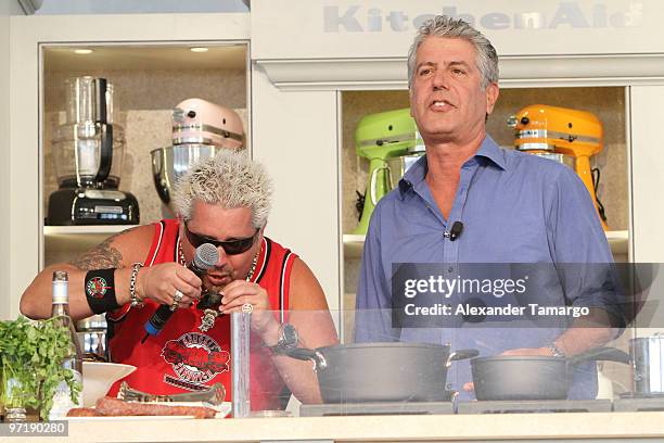 Guy Fieri and Anthony Bourdain attend the 2010 South Beach Wine and Food Festival Grand Tasting Village on February 28, 2010 in Miami Beach, Florida.