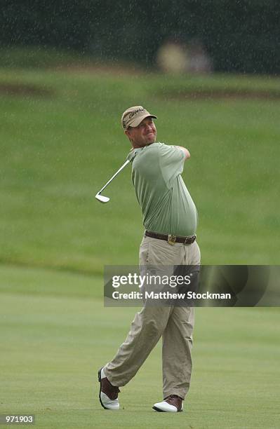 Jerry Kelly hits out of the third fairway during the third round of the Advil Western Open July 6, 2002 at Cog Hill Golf and Country Club in Lemont,...