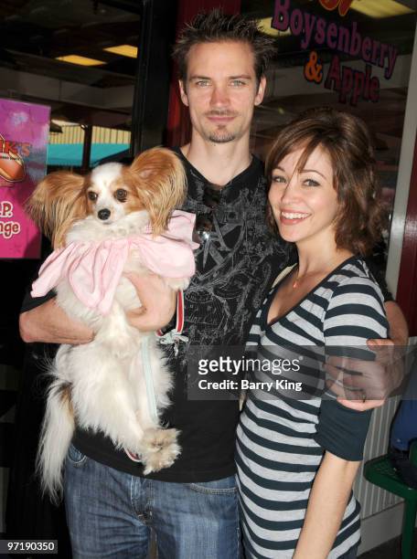 Actress Autumn Reeser and husband Jesse Warren and their dog Gatsby attend Pink's Grand Opening at Knott's Berry Farm on February 28, 2010 in Buena...