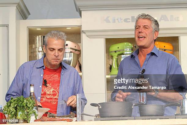 Eric Ripert and Anthony Bourdain attend the 2010 South Beach Wine and Food Festival Grand Tasting Village on February 28, 2010 in Miami Beach,...