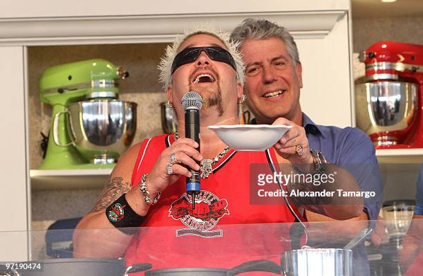 Guy Fieri and Anthony Bourdain attend the 2010 South Beach Wine and Food Festival Grand Tasting Village on February 28, 2010 in Miami Beach, Florida.