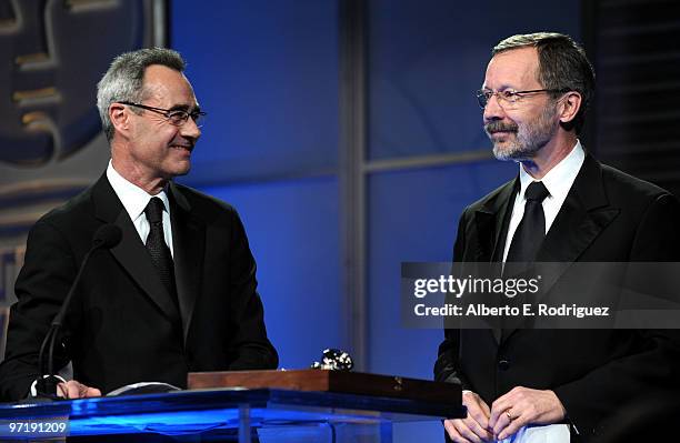 Pixar's Jim Morris and president of Walt Disney & Pixar Animation Studios Dr. Ed Catmull speak onstage at the 8th annual VES Awards held at Hyatt...