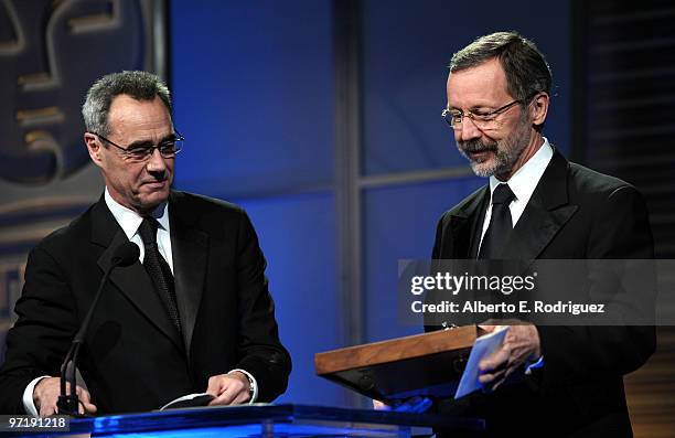 Pixar's Jim Morris and president of Walt Disney & Pixar Animation Studios Dr. Ed Catmull speak onstage at the 8th annual VES Awards held at Hyatt...