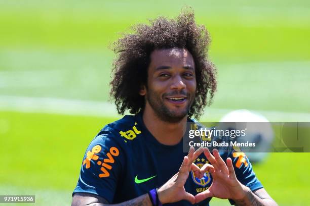 Marcelo of Brazil takes part during a Brazil training session ahead of the FIFA World Cup 2018 in Russia at Yug-Sport Stadium on June 12, 2018 in...