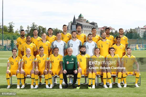 The Australia players pose for a team photo during an Australia Socceroos media opportunity ahead of the FIFA World Cup 2018 at Stadium Trudovye...