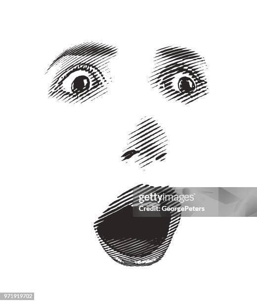 high key engraving of woman's eyes and lips - gasping stock illustrations