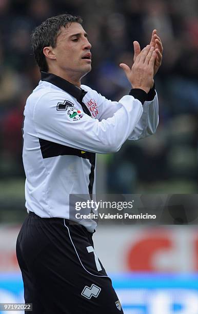 Hernan Crespo of Parma FC reacts during the Serie A match between Parma FC and UC Sampdoria at Stadio Ennio Tardini on February 28, 2010 in Parma,...