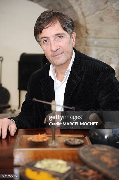 French chef Olivier Roellinger poses on February 25 at the Chateau Richeux in Cancale, western France. His restaurant "Le Coquillage" won its first...
