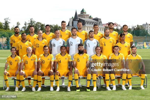 The Australia players pose for a team photo during an Australia Socceroos media opportunity ahead of the FIFA World Cup 2018 at Stadium Trudovye...