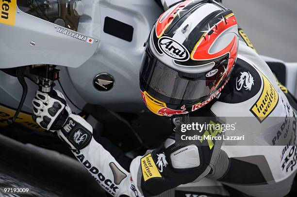 Hiroshi Aoyama of Japan and Interwetten MotoGP Team rounds the bend during the day of testing at Sepang Circuit on February 26, 2010 in Kuala Lumpur,...