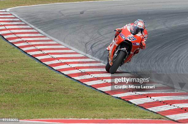 Casey Stoner of Australia and Ducati Marlboro Team heads down a straight during the day of testing at Sepang Circuit on February 26, 2010 in Kuala...