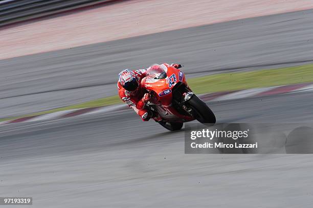 Casey Stoner of Australia and Ducati Marlboro Team rounds the bend during the day of testing at Sepang Circuit on February 26, 2010 in Kuala Lumpur,...