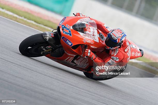 Casey Stoner of Australia and Ducati Marlboro Team rounds the bend during the day of testing at Sepang Circuit on February 26, 2010 in Kuala Lumpur,...