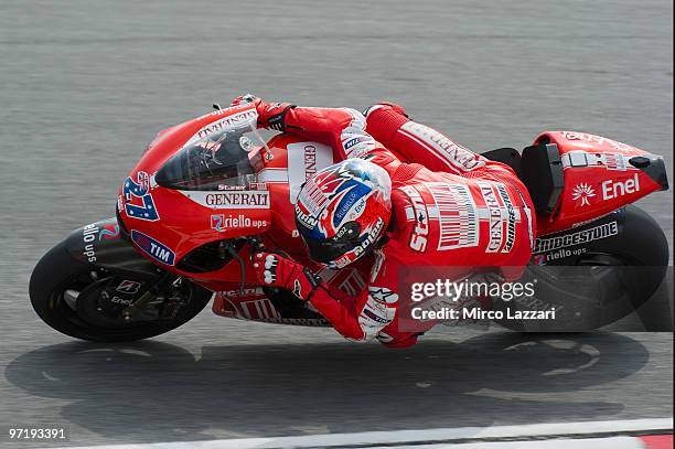 Casey Stoner of Australia and Ducati Marlboro Team heads down a straight during the day of testing at Sepang Circuit on February 26, 2010 in Kuala...