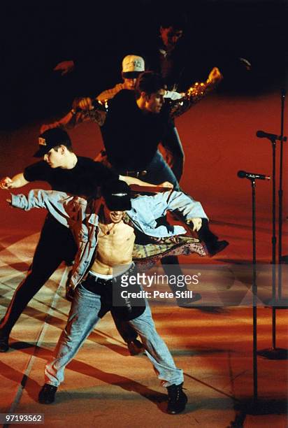 Donnie Wahlberg, Joey McIntyre, Jordan Knight, Danny Wood and Jonathan Knight of New Kids On The Block perform on stage at Wembley Arena, on December...