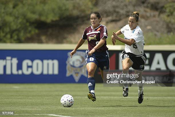 Shannon MacMillan of the San Diego Spirit breaks away from Kate Sobrero of the Boston Breakers during the second half of their WUSA match at Torrero...