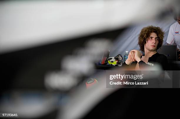 Marco Simoncelli of Italy and San Carlo Honda Gresini looks on in box during the day of testing at Sepang Circuit on February 26, 2010 in Kuala...