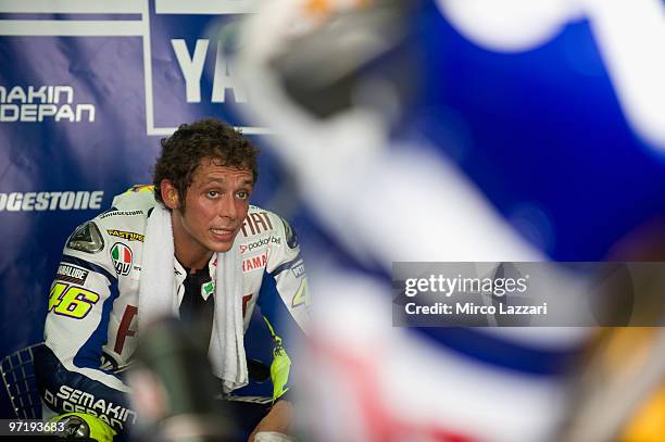 Valentino Rossi of Italy and Fiat Yamaha Team speaks in box during the day of testing at Sepang Circuit on February 26, 2010 in Kuala Lumpur,...