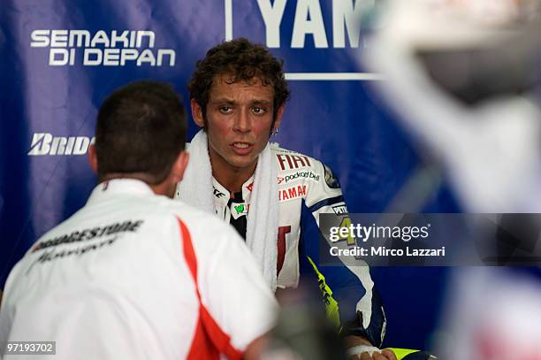 Valentino Rossi of Italy and Fiat Yamaha Team looks on in box during the day of testing at Sepang Circuit on February 26, 2010 in Kuala Lumpur,...