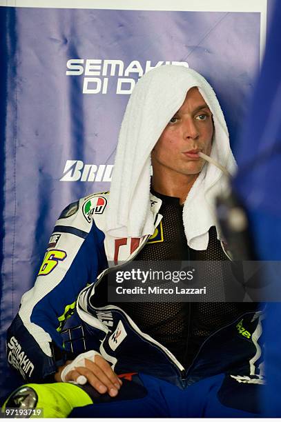 Valentino Rossi of Italy and Fiat Yamaha Team drinks in box during the day of testing at Sepang Circuit on February 26, 2010 in Kuala Lumpur,...