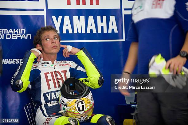 Valentino Rossi of Italy and Fiat Yamaha Team prepares in box during the day of testing at Sepang Circuit on February 26, 2010 in Kuala Lumpur,...