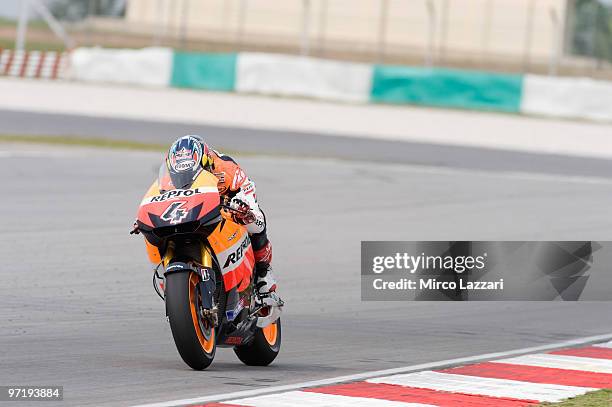 Andrea Dovizioso of Italy and Repsol Honda Team heads down a straight during the day of testing at Sepang Circuit on February 26, 2010 in Kuala...