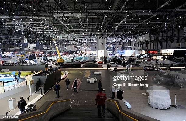 The interior of a display hall is seen prior to the official opening of the Geneva International Motor Show in Geneva, Switzerland, on Monday, March...