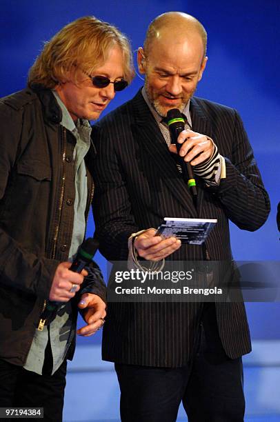 Michael Stipe and Mike Mills of Rem during the Italian tv show "Che tempo che fa" on March 16, 2008 in Milan, Italy.